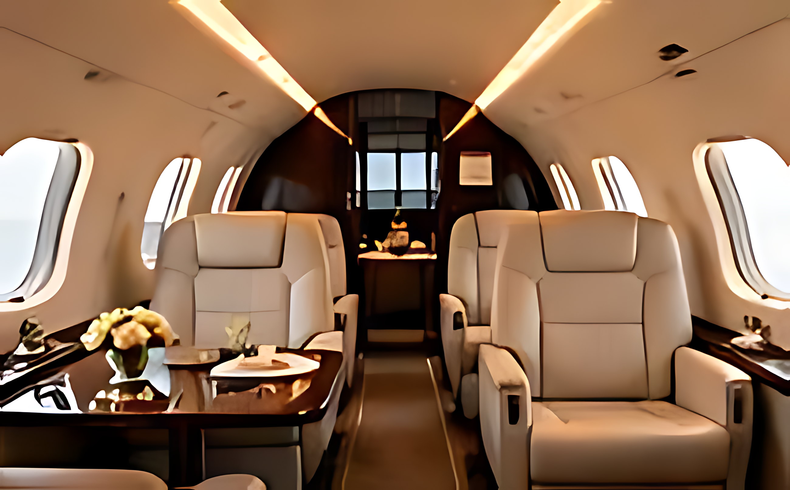 The cabin of a private jet, cream leather seats laid out for a charter flight