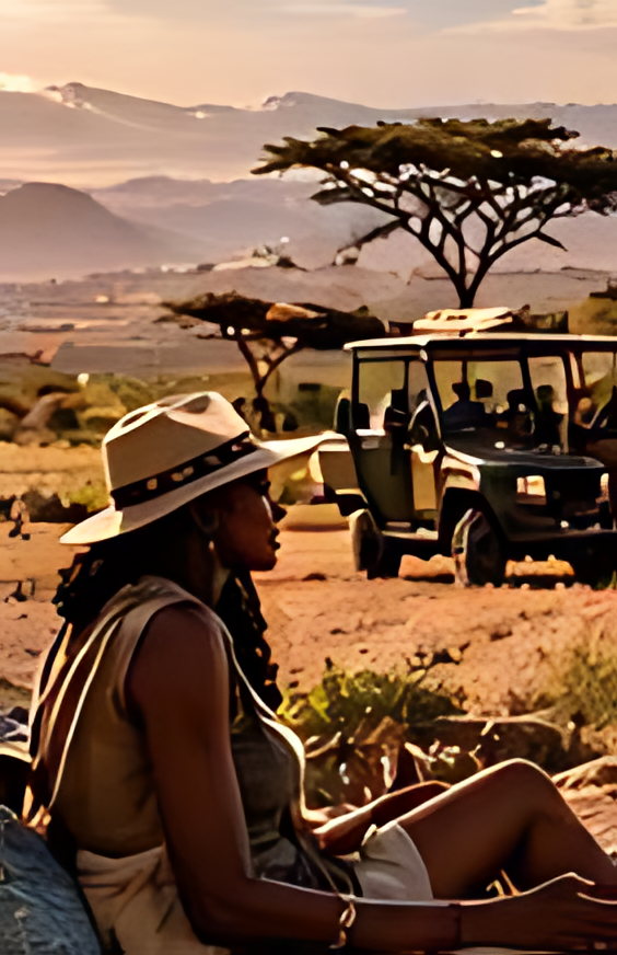 A safari vehicle waiting at a camp as the light drops