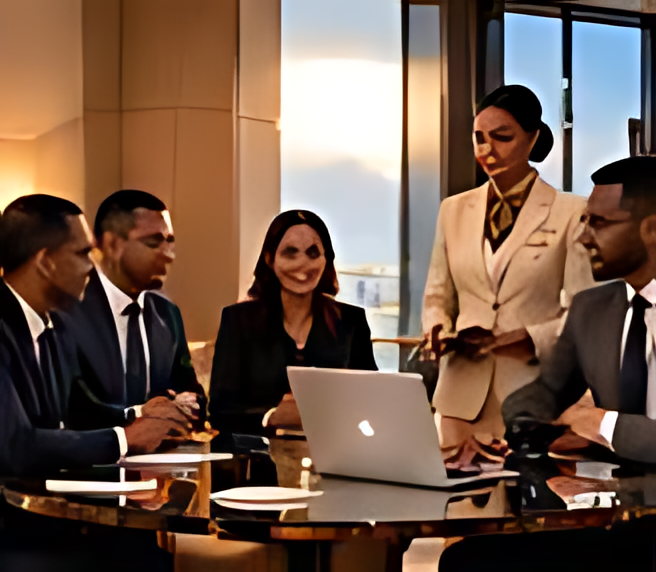 A meeting in session around a long boardroom table