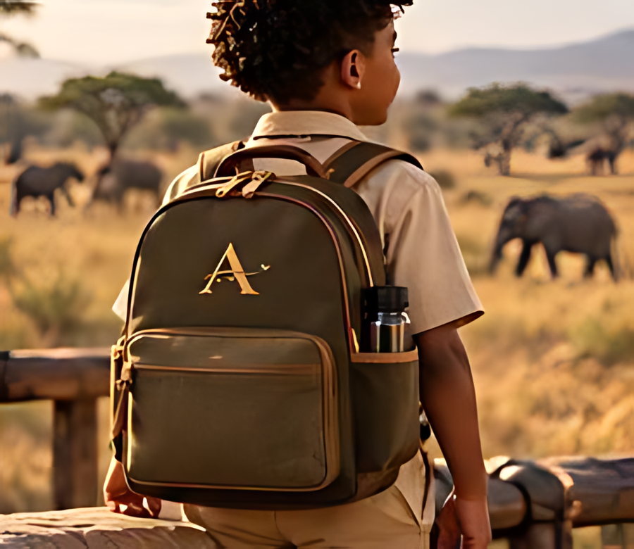 A boy from behind wearing a navy explorer backpack, looking out over the plains
