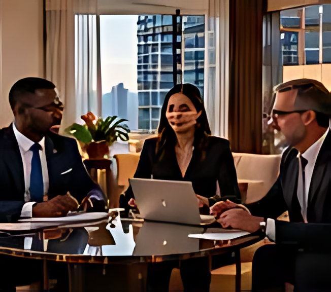 Colleagues meeting informally in a hotel lounge