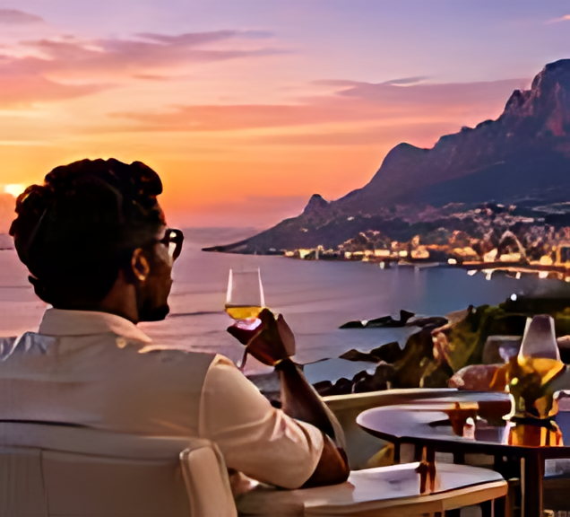 A guest on a terrace above the sea at sunset near Cape Town