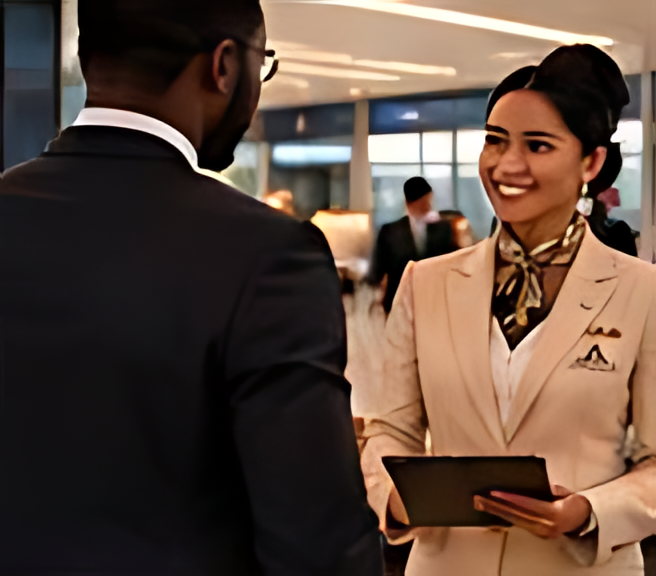A concierge holding a tablet at a reception desk