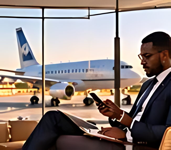 A consultant on the phone at an airport gate, an aircraft on the apron beyond