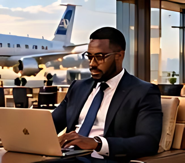 An executive working on a laptop with a private jet waiting on the apron behind