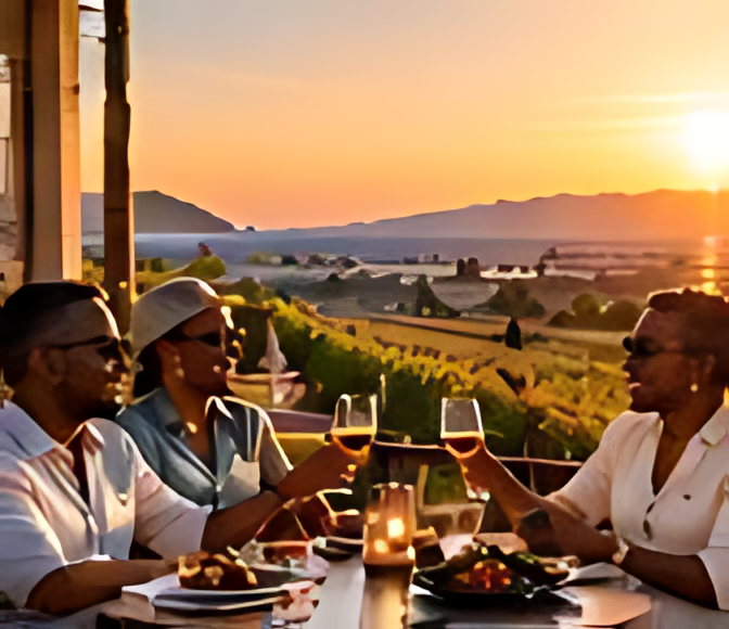 A family raising a toast around a table at sunset, mountains beyond