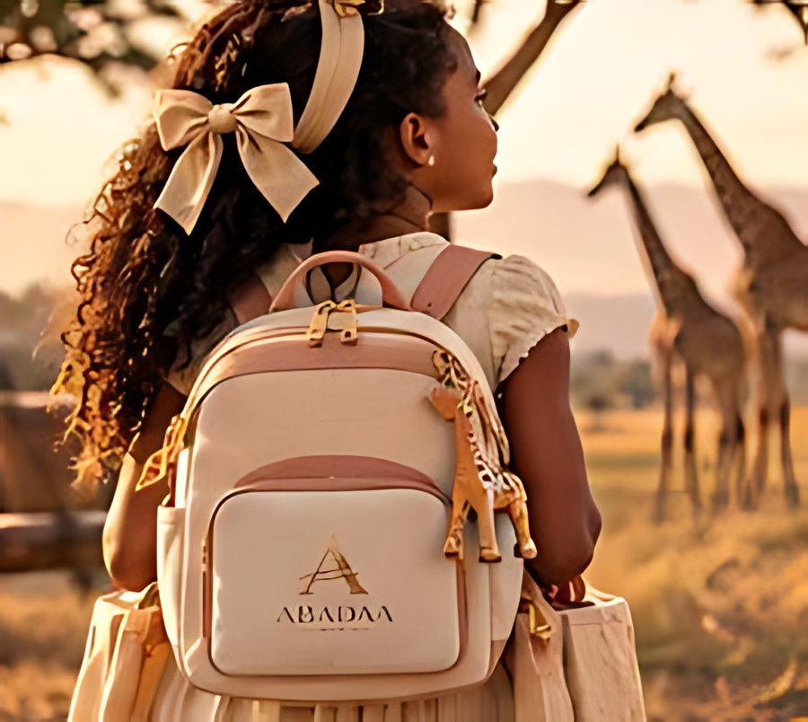 A girl from behind wearing a tan journey backpack, looking out over the plains