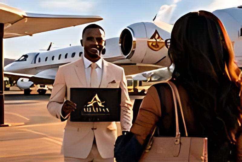 A private jet on the apron as an ABADAA host welcomes a guest with the welcome sign