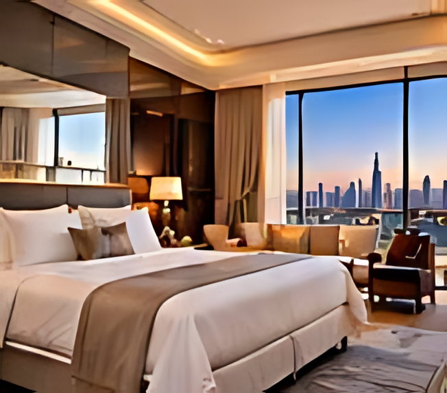 A hotel suite in warm daylight, curtains open to a city skyline