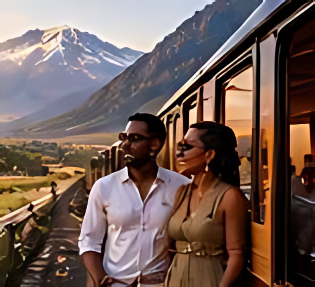 Travellers watching mountains pass from a rail carriage window