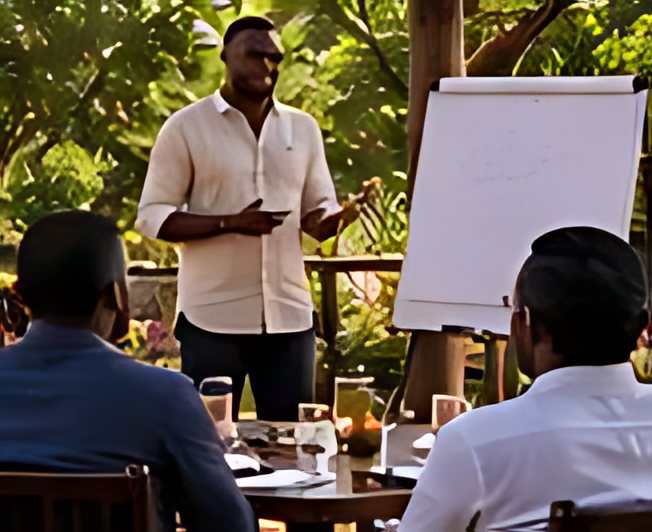 A small group in session around a flip chart in a meeting room