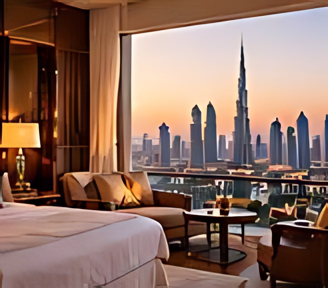 A hotel suite with a city skyline filling the window