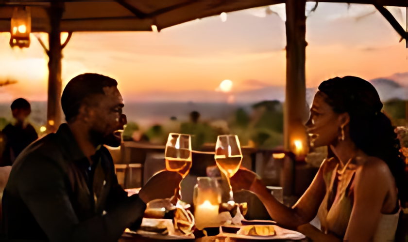 A candlelit table for two set for dinner at sunset
