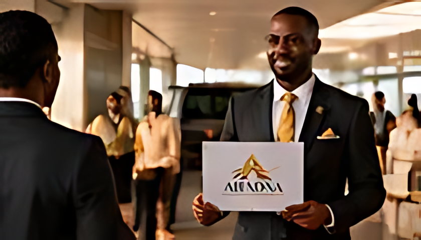 A host holding the ABADAA welcome plaque at the meeting point