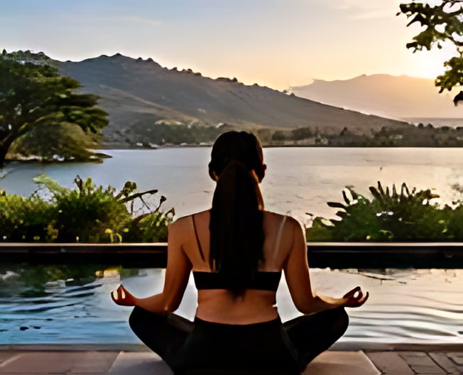 A guest practising yoga on a deck above still water