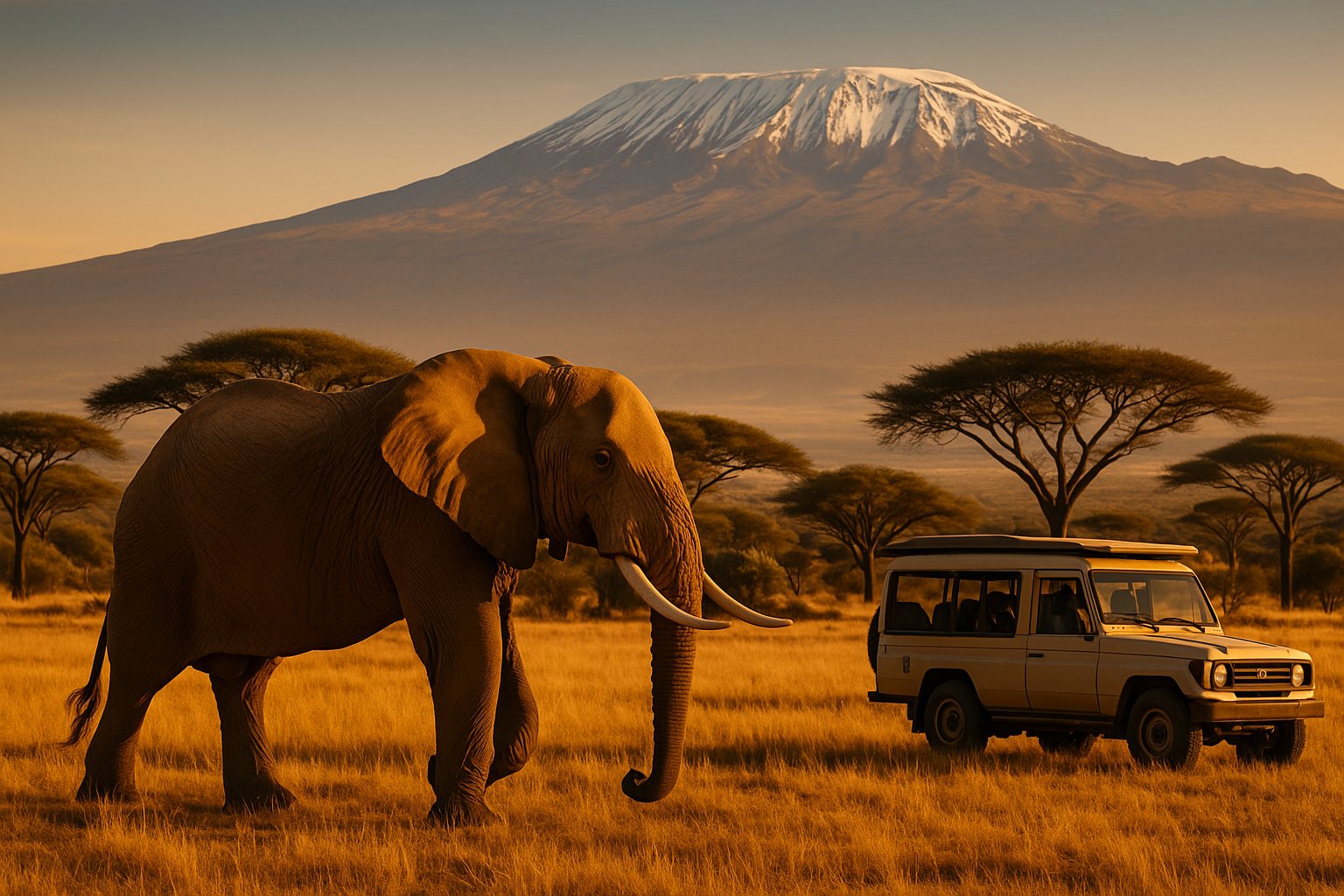 An elephant crossing golden savanna beneath the snows of Mount Kilimanjaro, with a safari vehicle alongside