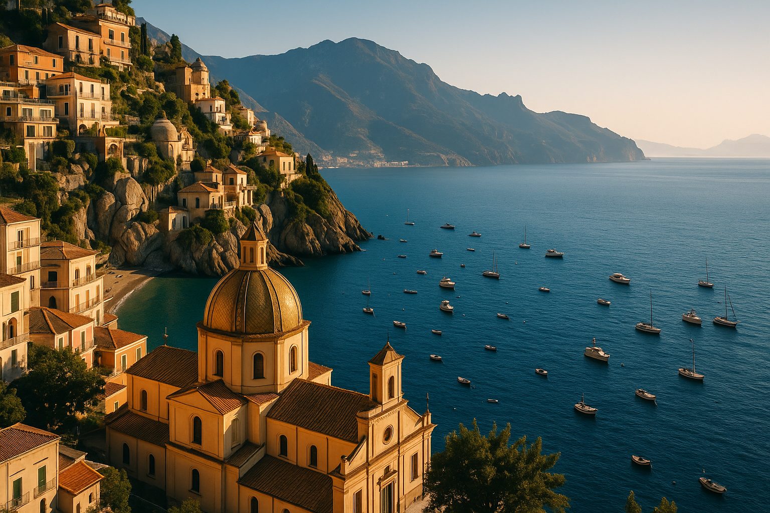 A domed coastal town above deep blue water, its harbour dotted with boats