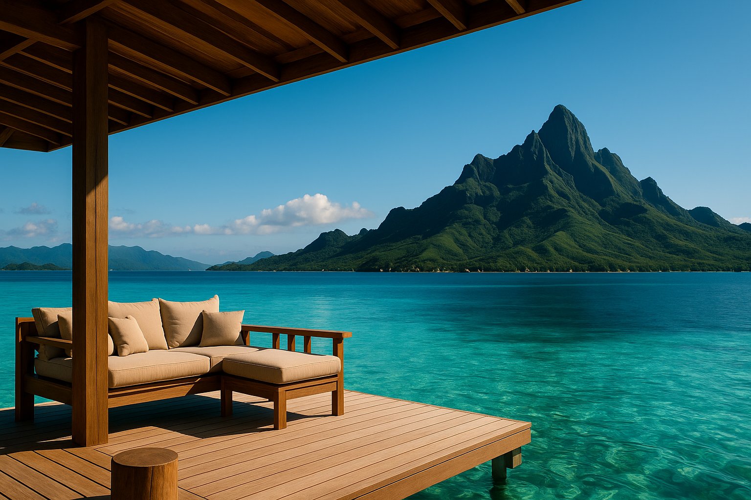 A timber deck with loungers opening onto a turquoise lagoon and a green volcanic peak